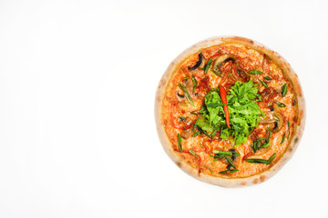 Pizza with sausages, mushrooms and green onions