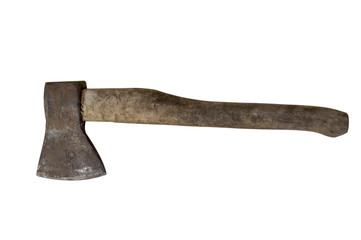 Old rusty ax with a wooden handle on a white background