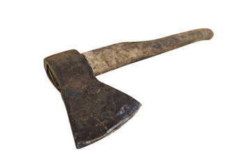 Old rusty ax with a wooden handle on a white background