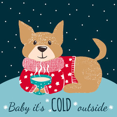 Winter greeting card with cute dog.