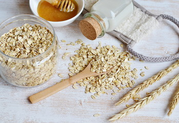 Natural Ingredients for Homemade Oat Body Face Milk Scrub Salt Oil Honey Beauty Concept Organic Eco Healthy Lifestyle