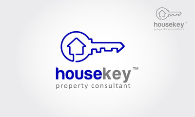 House Key Vector Logo Template. Vector logo design element on white background. Real estate, key, house or home made from one direction line. it's modern, simple and clean design.