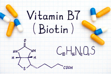 Chemical formula of Vitamin B7 (Biotin) with some pills.