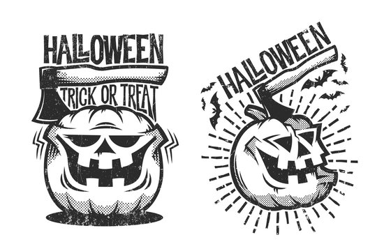 Two halloween logos in retro style with pumpkin and ax sticking out of it. Worn effect on a separate layer and can be easily disabled.