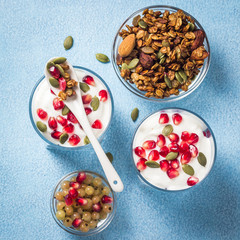 Yogurt parfait with homemade granola on light blue background. Top view, copy space.