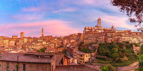 Fototapeta na wymiar Beautiful panoramic view of Old Town with Dome and campanile of Siena Cathedral, Duomo di Siena, and Mangia Tower or Torre del Mangia at gorgeous sunset, Siena, Tuscany, Italy