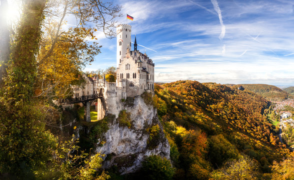 Germany panoramic view of landmark fairytale castle/Schloss Lichtenstein in the Schwäbische Alb region