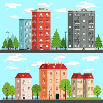 Cityscapes on a fine day. Houses, trees, fences, road, street lights. Vektor detailed illustration - two options.