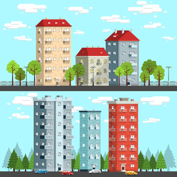Group of multi-storey houses surrounded by trees, street lamps, cars. City landscape vector illustration.