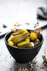 Pickled cucumbers, small marinated pickles, gherkins