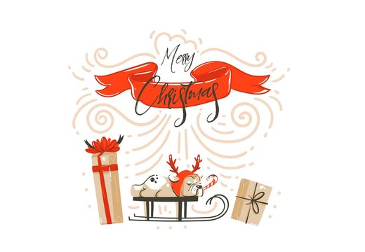 Hand drawn vector abstract fun Merry Christmas time cartoon illustration card design with surprise gift boxes,pet dog on sleigh,red ribbon and modern xmas calligraphy isolated on white background