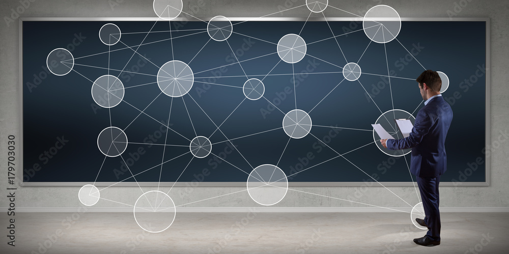 Poster Businessman using social network interface on a board 3D rendering