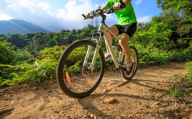 Obraz na płótnie Canvas woman cyclist cycling on forest trail