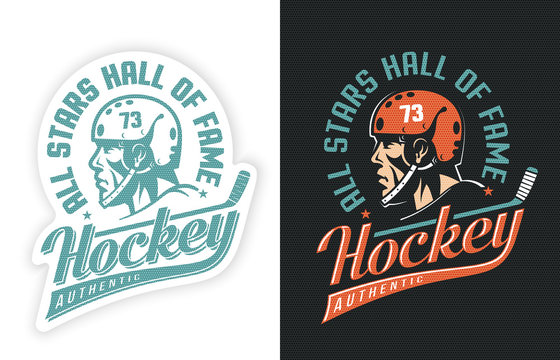 Stylish sports retro logo with hockey player, stick and inscription. Two options - sticker on white and colored emblem on black background. Dot texture is grouped separately and can be easily removed.