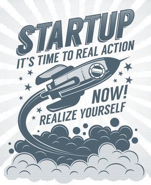 Startup retro poster with a rising rocket and halftone dots print vintage effect. 