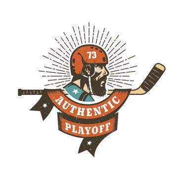 Authentic retro hockey playoff logo, mascot - bearded player, stick and heraldic ribbon with the inscription. Worn texture on  separate layer and can be easily disabled.