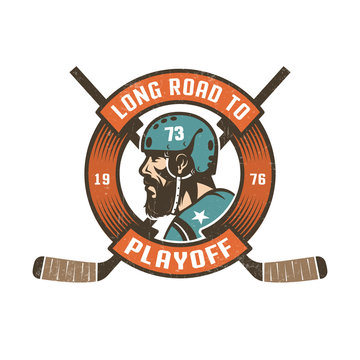 Hockey playoff logo with bearded player's head in retro helmet,  circular ribbon and crossed sticks. Worn texture on  separate layer and can be easily disabled.