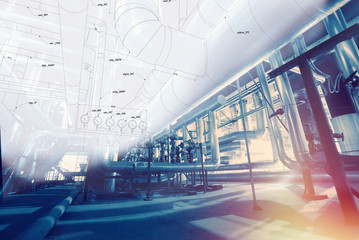 Industrial zone, Steel pipelines and cables in blue tones