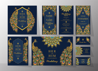  Wedding Invitation card templates with gold patterned and crystals on background color.