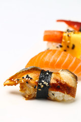 assorted sushi on white plate isolated on white back ground