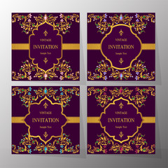  Wedding Invitation card templates with gold patterned and crystals on background color.