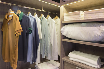 wooden wardrobe in walk in closet with clothes