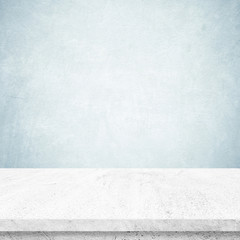 Empty white cement table over blue cement wall background, banner, product display montage