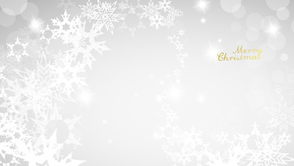Christmas light background with white snowflakes and golden Merry Christmas text - light version