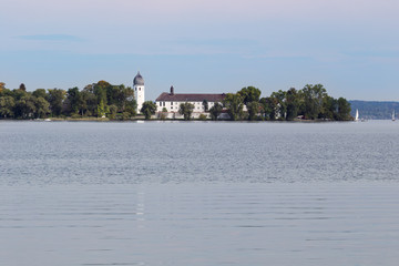 View of Frauenchiemsee island seen from Herreninsel island