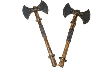 Two medieval axes with wooden handles. White background