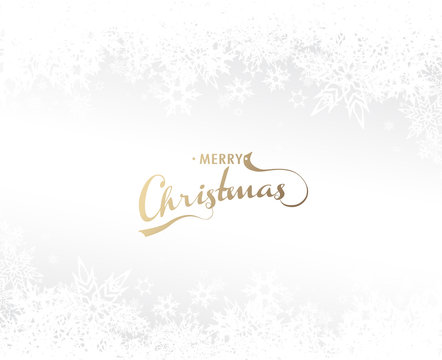 Christmas light background with white snowflakes and golden Merry Christmas text - light version