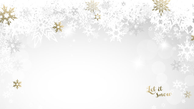 Christmas light background with white and golden snowflakes.