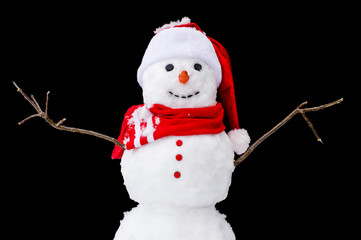 cheerful snowman in hat isolated on black background, winter holidays fun