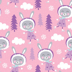 seamless bunny rabbit ice skating pattern vector illustration