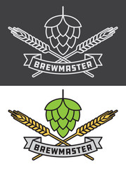 Brewmaster Craft Beer Vector Design
Brewmaster icon or logo graphic. Shows hops over crossed barley or wheat with brewmaster banner. Includes color and black and white versions.
