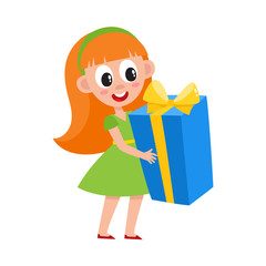Fototapeta na wymiar vector flat kids with presents. Young girl in green dress holding big present box with blue wrapping and yellow bow smiling. Isolated illustration on a white background.