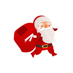 Funny Santa Claus holding carrying big bag with Christmas presents, flat cartoon vector illustration isolated on white background. Santa Claus character in traditional costume with big bag of presents