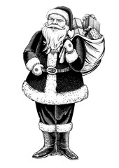 Santa Claus standing figure with sack full of presents Vector hand drawn illustration.
