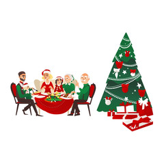 Fototapeta na wymiar Happy big family celebrating Christmas, sitting at the table, Xmas fir tree with many present boxes, cartoon vector illustration isolated on white background. Family dinner, Christmas tree, presents