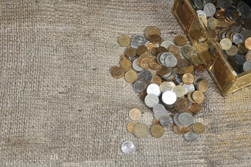 vintage gold chest with scattered small money and coins
