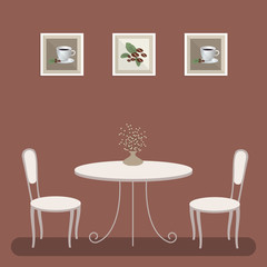 A coffee table and two chairs on a brown background. On the table there is a vase with decorative flowers. There are also pictures with coffee on the wall. Vector illustration