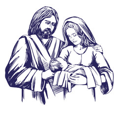 Christmas story. Mary, Joseph and the baby Jesus, Son of God , symbol of Christianity hand drawn vector illustration.