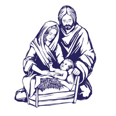 Christmas story. Mary, Joseph and the baby Jesus, Son of God , symbol of Christianity hand drawn vector illustration. © vladischern