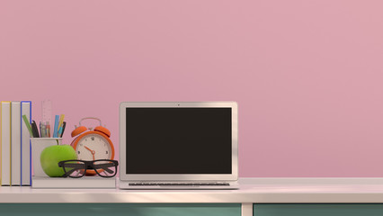 Desktop clock and Eyeglasses with notebook book fruit apple and pen on the table colurful 3D rendering decoration in front of pink wall with sunlight beautiful picture.