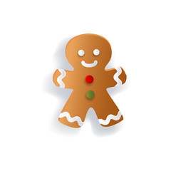 Gingerman decoration element for Christmas greeting cards, flat vector illustration isolated on white background, 3d paper cutout design. Flat gingerman, gingerbread Christmas decoration element