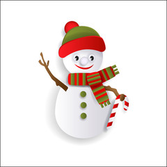 Funny snowman decoration element for Christmas greeting cards, flat style vector illustration isolated on white background, 3d paper cutout design. Flat snowman in hat and scarf, Christmas decoration