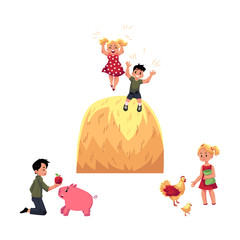 vector flat teen children at countryside scenes set. Boy feeding pig, girl feeding chickens and rooster, kids playing at big haystack. Isolated illustration on a white background.