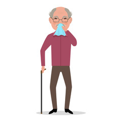 Vector cartoon old man caught cold, sneezing, ill