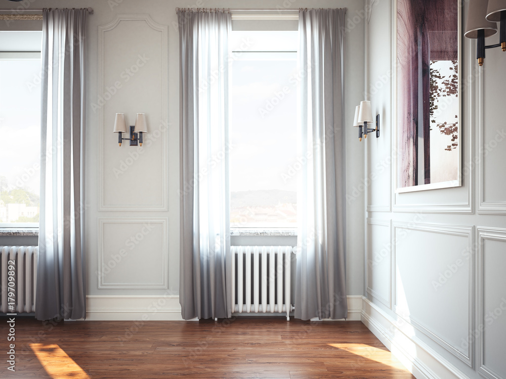 Poster interior with windows and curtains. 3d rendering