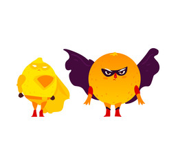Funny orange and lemon fruit hero, superhero characters, guards, defender in mask and cape, flat style cartoon vector illustrations isolated on white background. Superhero orange and lemon characters